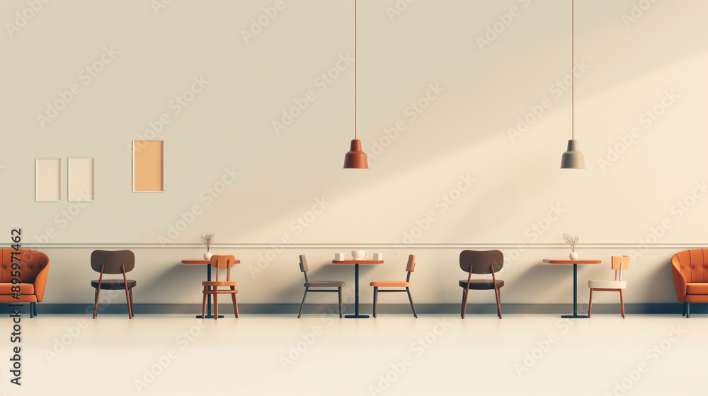 A long room with many tables and chairs A long room with many tables and chairs