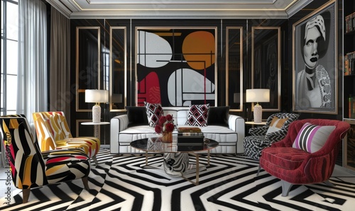 Art Deco-inspired living room with bold geometric patterns and luxe fabrics