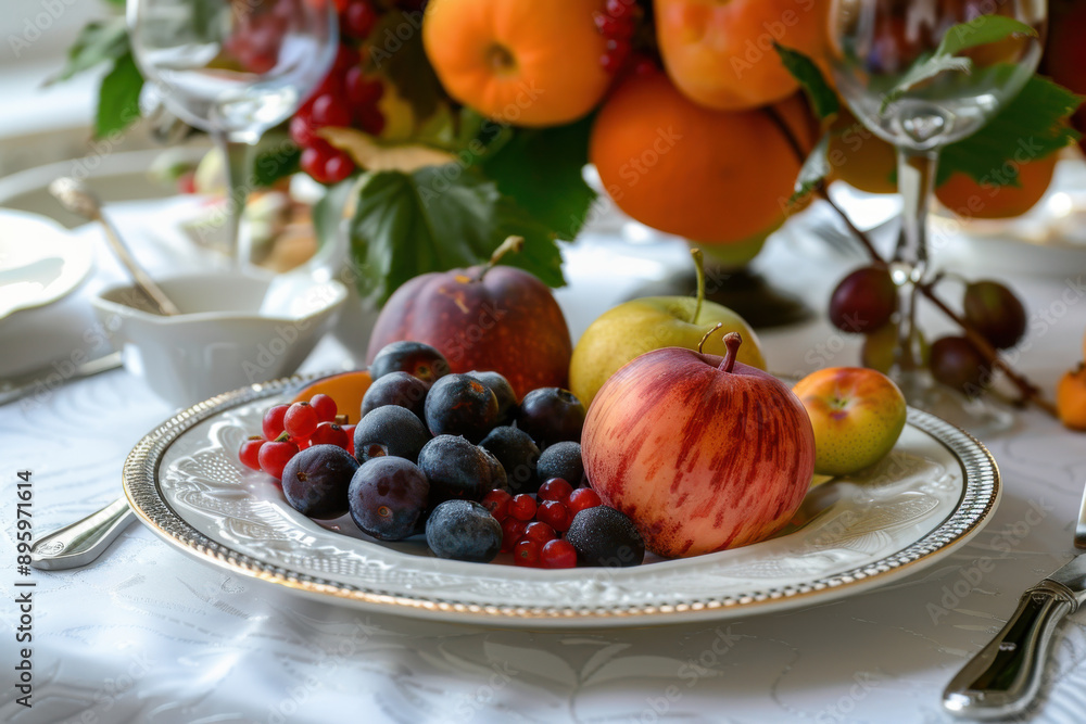 Autumn still life with apples, pomegranate, berries, and colorful leaves on a rustic plate, highlighting seasonal fruits. Autumn still life with apples, pomegranate, berries, and colorful leaves on a rustic plate, highlighting seasonal fruits.