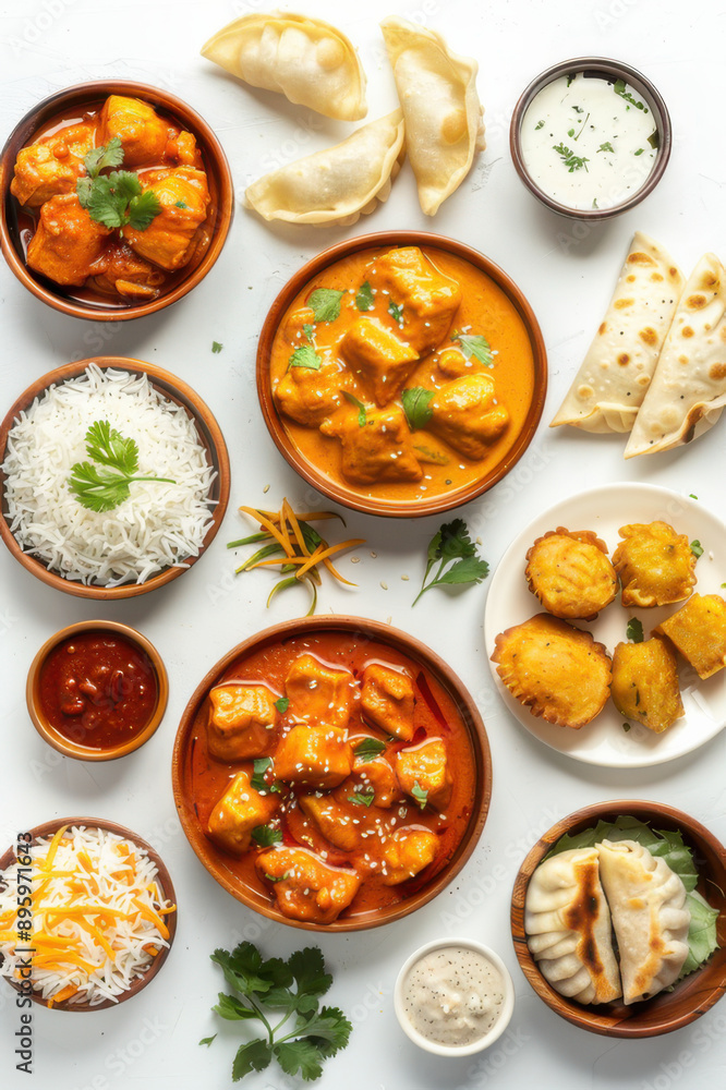Variety of traditional Indian dishes including rice, curry, dumplings, and sauces, beautifully arranged on a white background. Variety of traditional Indian dishes including rice, curry, dumplings, and sauces, beautifully arranged on a white background.