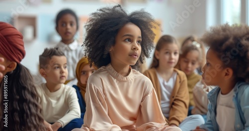 Students at an elementary school listen to their teacher tell a story