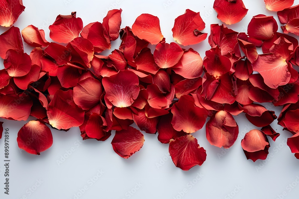 A Beautiful Spread of Red Rose Petals on a White Background A Beautiful Spread of Red Rose Petals on a White Background