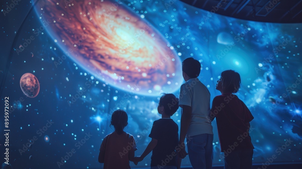 Naklejka premium A group of children are looking at a projection of a galaxy