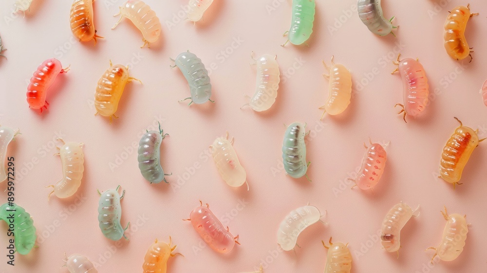 Scattering of colorful, translucent isopods crawling across a pink background Scattering of colorful, translucent isopods crawling across a pink background