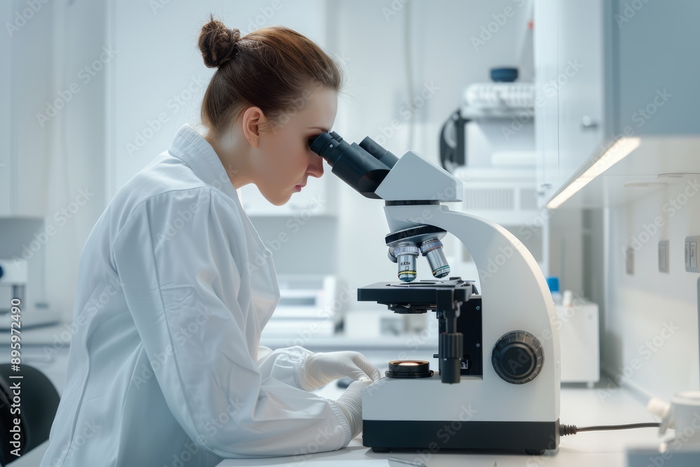 woman in the laboratory room looking into a scanning electron microscope, side view, light, white, hyperrealistic, woman in the laboratory room looking into a scanning electron microscope, side view, light, white, hyperrealistic,