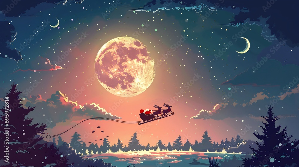 Fototapeta premium Santa Claus Soaring Through a Winter Night