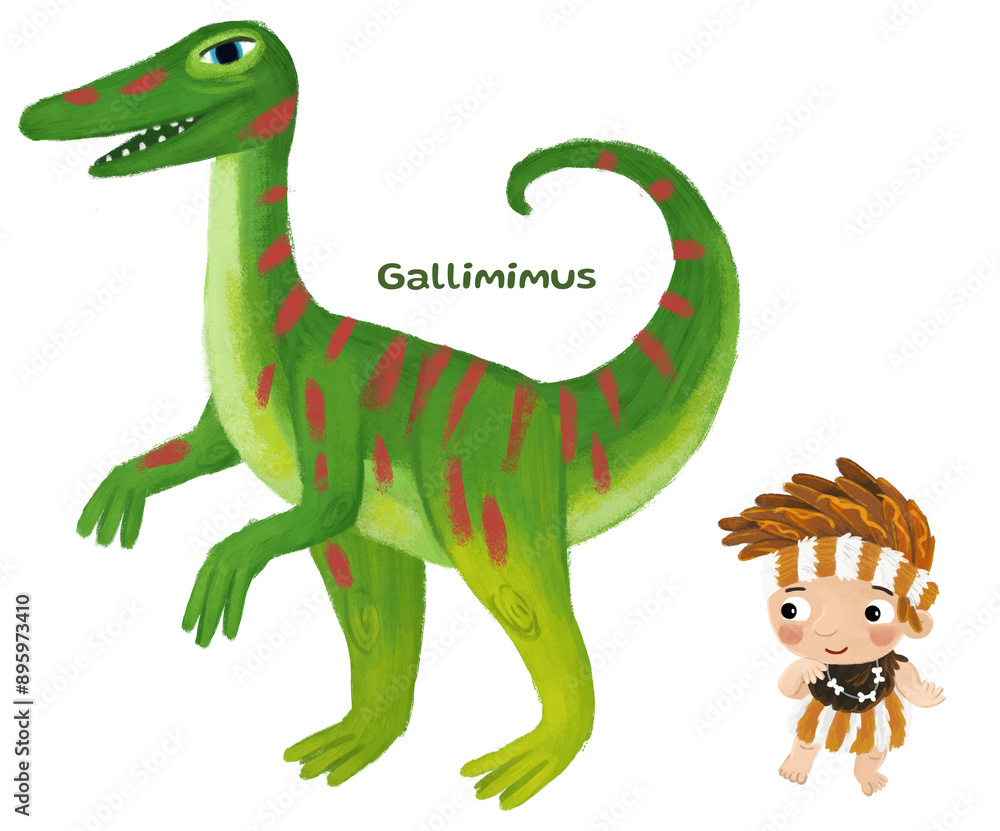 Fototapeta premium caveman human cartoon happy and funny colorful prehistoric dinosaur dino gallimimus isolated illustration with child pointing on animal