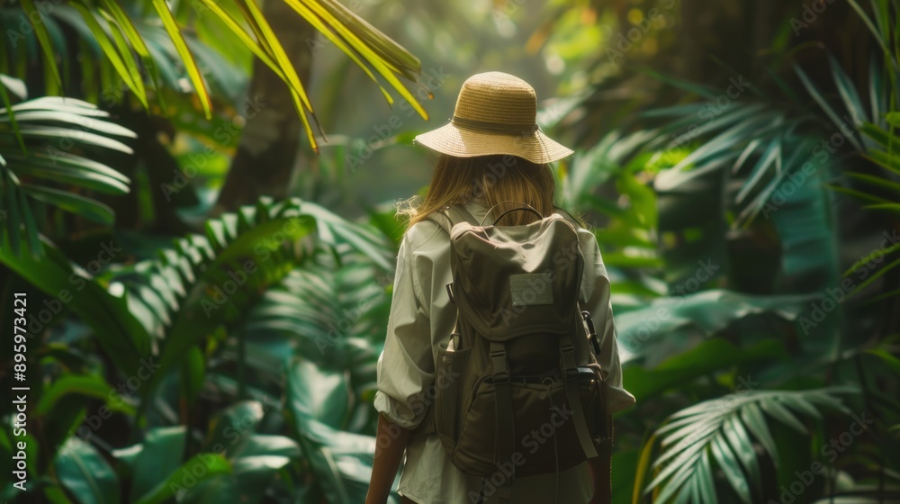 Female traveler with a backpack explores a lush tropical jungle, surrounded by vibrant greenery and exotic scenery, hiking under the warm sunlight in asia