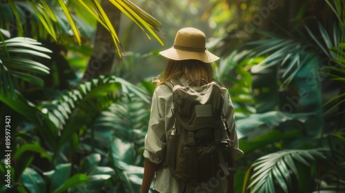 Obraz na płótnie Female traveler with a backpack explores a lush tropical jungle, surrounded by vibrant greenery and exotic scenery, hiking under the warm sunlight in asia w salonie