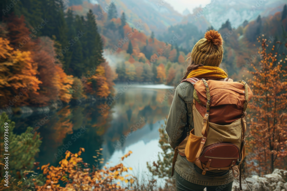 Woman with a backpack hiking through a vibrant autumn forest, enjoying nature and the scenic views. Woman with a backpack hiking through a vibrant autumn forest, enjoying nature and the scenic views.
