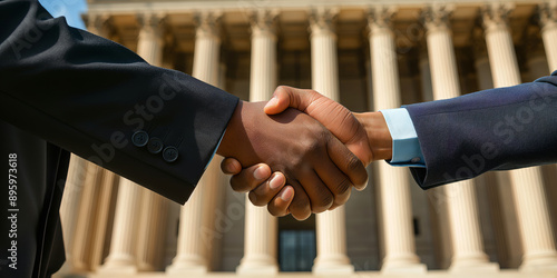 A handshake between a lawyer and a client in front of a courthouse, symbolizing trust and cooperation in legal matters, with the grand courthouse facade in the background.