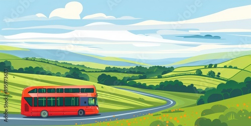 Illustrate a double-decker bus traveling along a scenic route with panoramic views of rolling hills and open fields from the upper deck