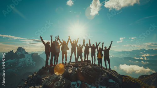 Group of people on peak mountain climbing helping team work , travel trekking success business concept. Young asian couple climbing up on the mountain and team work concept, Sunset background.