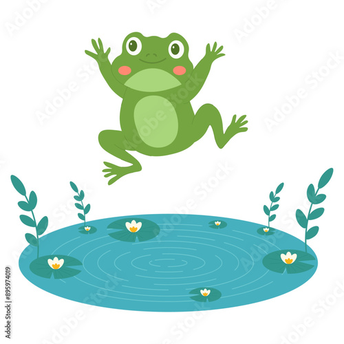 Childrens cute animal. Pretty frog jumps from the lake. Flat character for children. Vector illustration