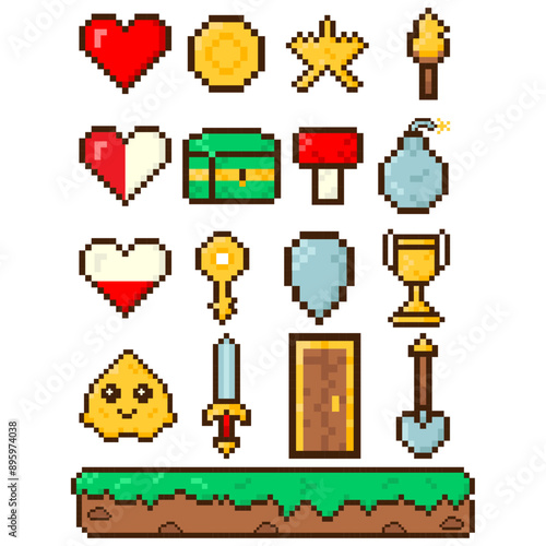 Set of elements for 8 bit games. Vector icon in pixel art style