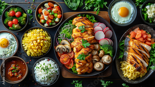 Traditional Indian cuisine array featuring an assortment of flavorful dishes presented in brass bowls on a decorative table setting Including eggs and healthy salad