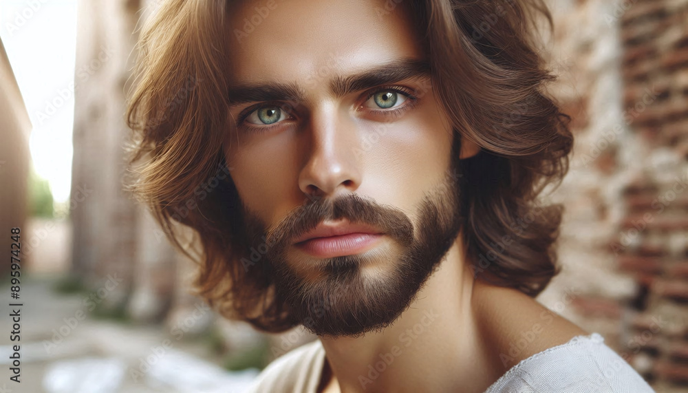 Portrait of serious Jesus Christ with green eyes, beard and wavy hair looking at camera in daylight Portrait of serious Jesus Christ with green eyes, beard and wavy hair looking at camera in daylight