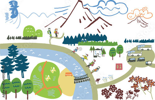 風光明媚な登山中継地　地図展開図風　ストックイラスト素材	
