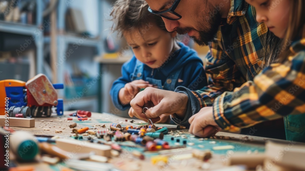 A man and two children are playing with A man and two children are playing with
