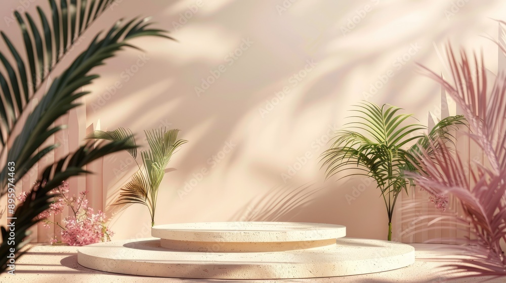 Abstract luxury plant background with minimal podium, perfect for summer fashion and beauty product displays. Abstract luxury plant background with minimal podium, perfect for summer fashion and beauty product displays.