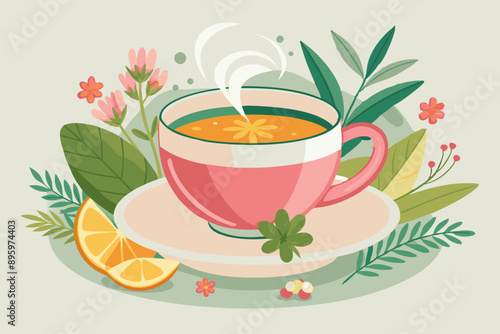 Cup of healthy herbal tea on pastel background