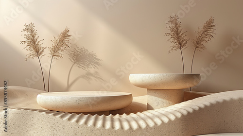 3D render empty blank luxury stylish polished podium with clear mirror effect reeded glass shower screen and tropical green banana leafs plant in the background. pedestal for bath product