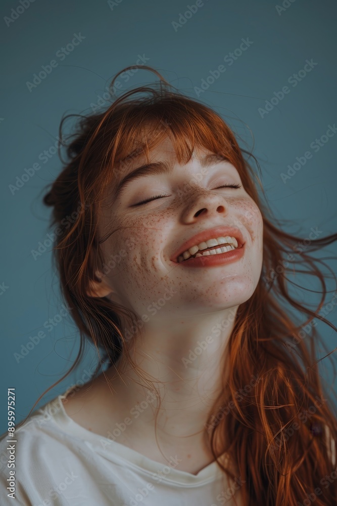 Stunning ginger woman in a studio, smiling happily Stunning ginger woman in a studio, smiling happily