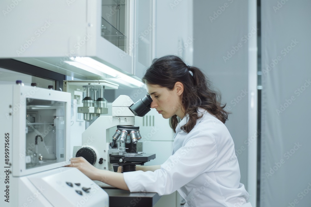 woman in the laboratory room looking into a scanning electron microscope, side view, light, white, hyperrealistic,
