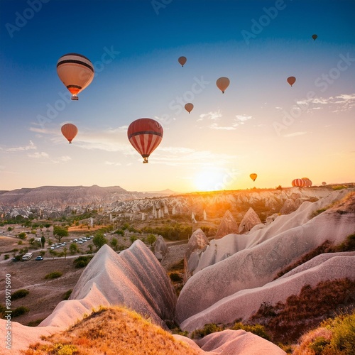 **Reisen und Inspiration, Heißluftballons in der Türkei, die bei Sonnenaufgang am Himmel fliegen**