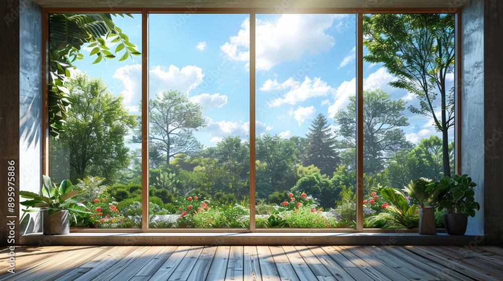 Sunlight streaming through large windows in a modern home interior, illuminating a lush green garden outside
