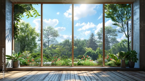 Obraz na płótnie Sunlight streaming through large windows in a modern home interior, illuminating a lush green garden outside w salonie