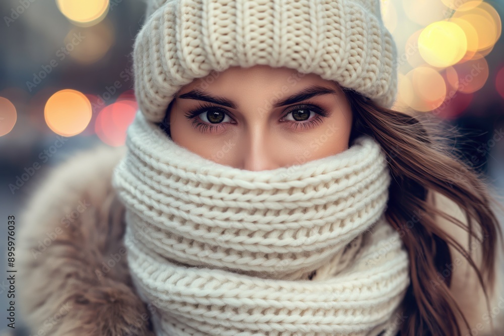 Photo of a young stylish woman wearing a scarf and woollen hat walking in the city. Knitwear and knitting concept. Photo of a young stylish woman wearing a scarf and woollen hat walking in the city. Knitwear and knitting concept.
