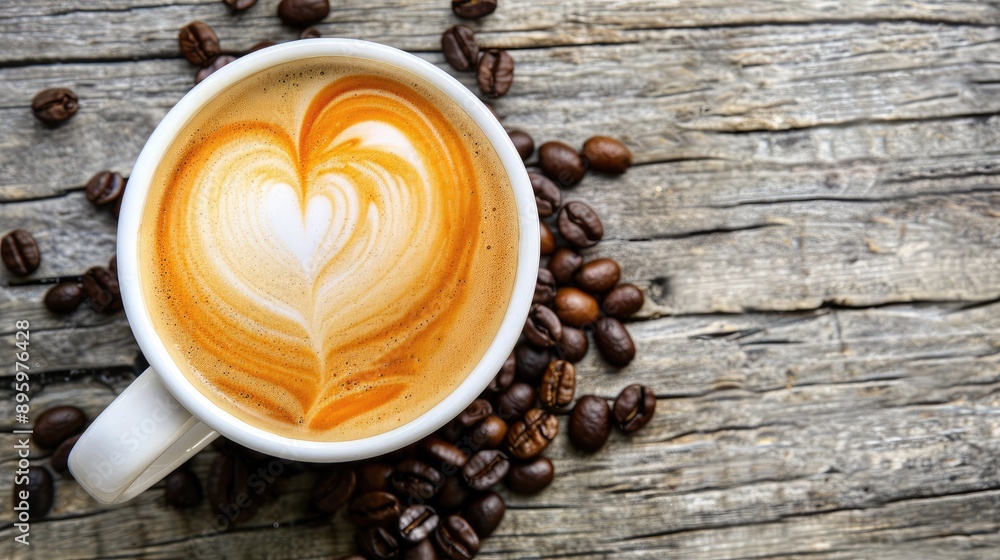 Artistic heart-shaped latte in white cup with coffee beans on worn wood. Artistic heart-shaped latte in white cup with coffee beans on worn wood.