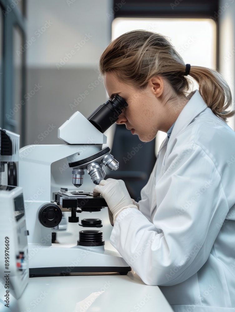 woman in the laboratory room looking into a scanning electron microscope, side view, light, white, hyperrealistic, woman in the laboratory room looking into a scanning electron microscope, side view, light, white, hyperrealistic,