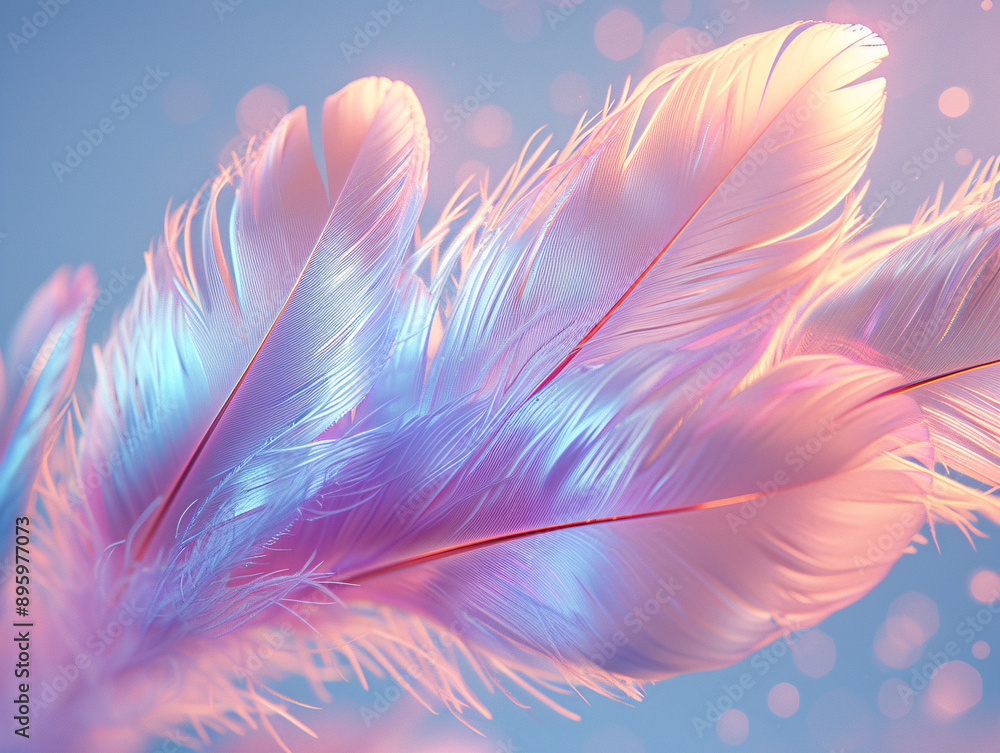 Obraz premium a 3D rendering of feathers in a pink and purple color scheme.