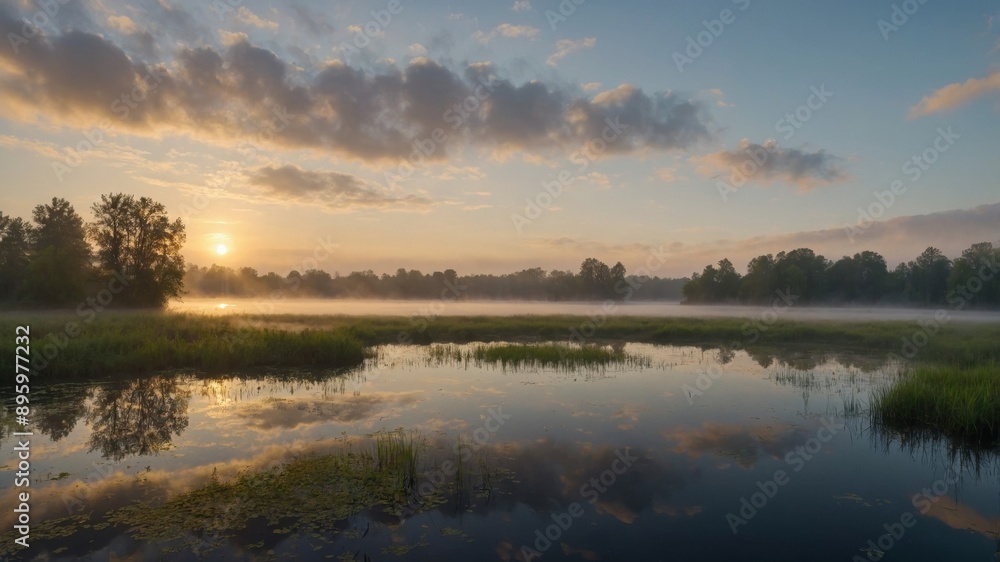 sunrise over lake fog over a sunrise swamp sky reflecting on a small rural creek fog over pond. sunrise over lake fog over a sunrise swamp sky reflecting on a small rural creek fog over pond.