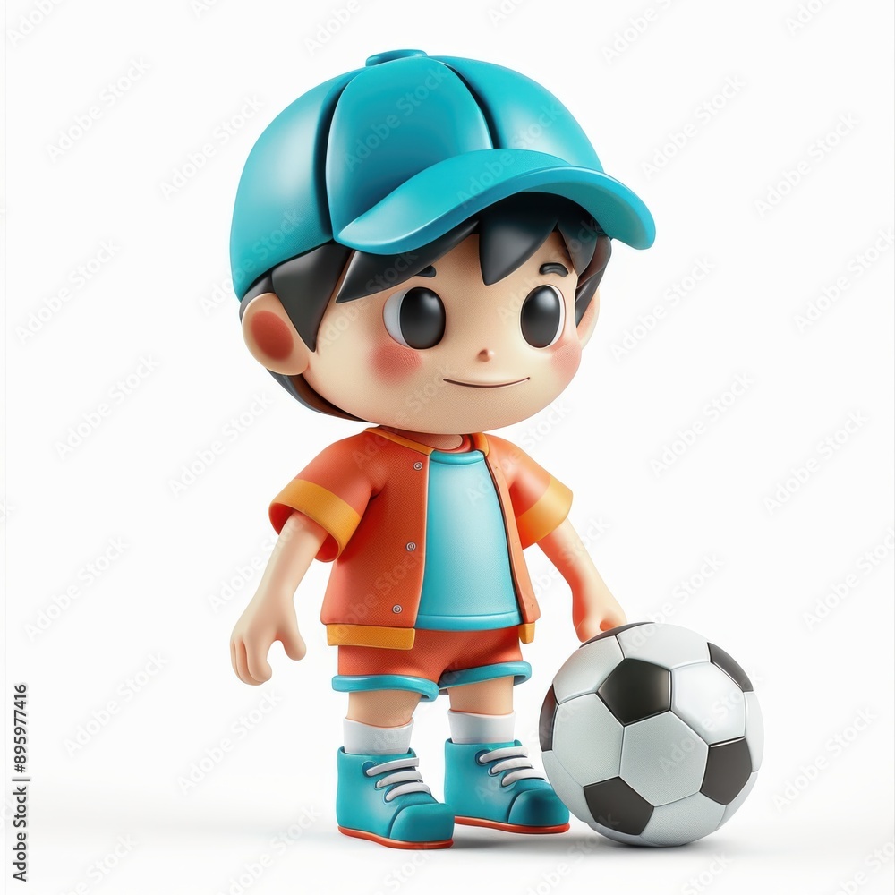 Happy Clay Boy Playing Soccer Cute 3D Character with Blue Cap in Kawaii Style Happy Clay Boy Playing Soccer Cute 3D Character with Blue Cap in Kawaii Style