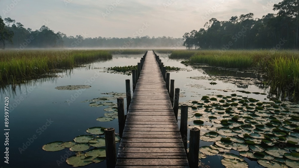 Fototapeta premium wood pier path over a swamp landscape misty and foggy early morning large The Royal Victoria water lily.