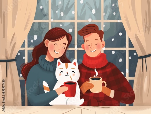 Family celebrating christmas together with christmas tree. Man and woman with cup and cat. New year card illustration.