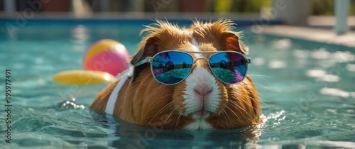 summer rest cool funny guinea pig in sunglasses swims in the pool summer holidays funny animals. photo