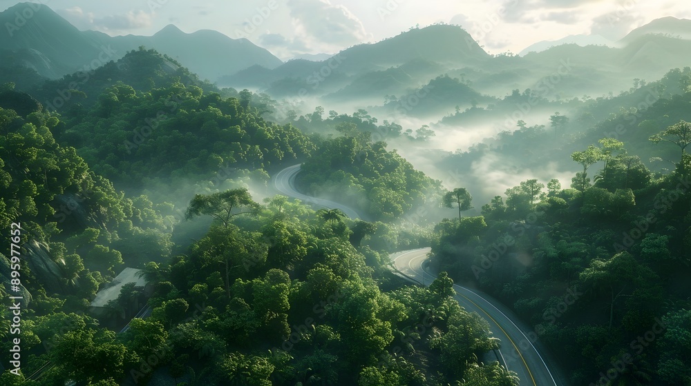 Majestic Winding Mountain Road Surrounded by Lush Tropical Forest and Misty Atmosphere Majestic Winding Mountain Road Surrounded by Lush Tropical Forest and Misty Atmosphere