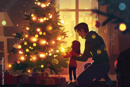Father with baby daughter near christmas tree. Christmas and new year card illustration