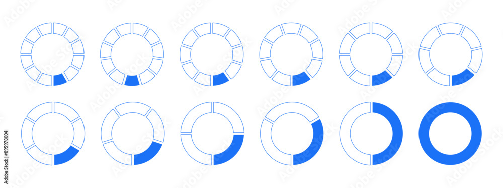 Circles divided diagram 1, 2, 3, 10, 7, 8, 9, 10, 11, 12 equal parts. Graph icon pie, pizza shape section charts. Coaching blank template. Segments wheel round divide infographic set. Circles divided diagram 1, 2, 3, 10, 7, 8, 9, 10, 11, 12 equal parts. Graph icon pie, pizza shape section charts. Coaching blank template. Segments wheel round divide infographic set.