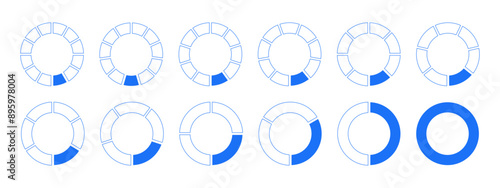 Circles divided diagram 1, 2, 3, 10, 7, 8, 9, 10, 11, 12 equal parts. Graph icon pie, pizza shape section charts. Coaching blank template. Segments wheel round divide infographic set. 