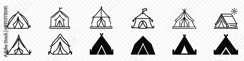 Tent icon vector. Camp icon on transparent background, Tourist camping tent vector icon set, Tent with a flag icon. Refugees or kids tent camp icon. 