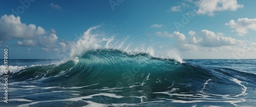 Fototapeta Naklejka Na Ścianę i Meble -  Ocean wave hitting beach and blue sky background.