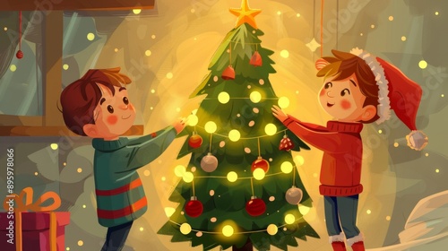 Kids decorated christmas tree and putting gifts under the tree. Christmas and new year card, children illustration.