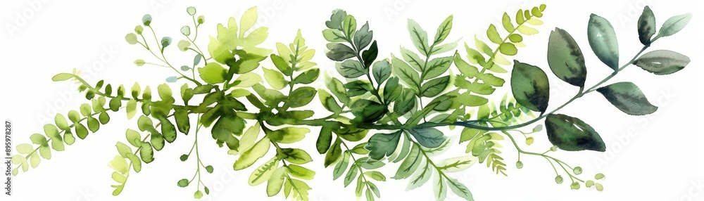 Watercolor fern with delicate fronds, vibrant green hues, isolated on white background, soft focus, top-down view, light and airy style Watercolor fern with delicate fronds, vibrant green hues, isolated on white background, soft focus, top-down view, light and airy style