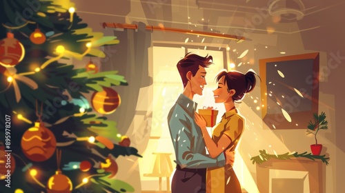 Christmas card with family, wife and husband decorating christmas tree with love. Christmas and new year illustration card