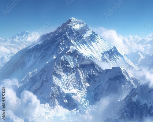 Majestic Everest peak snowcovered summit bright sunlight clear blue sky photo realistic aerial view photo